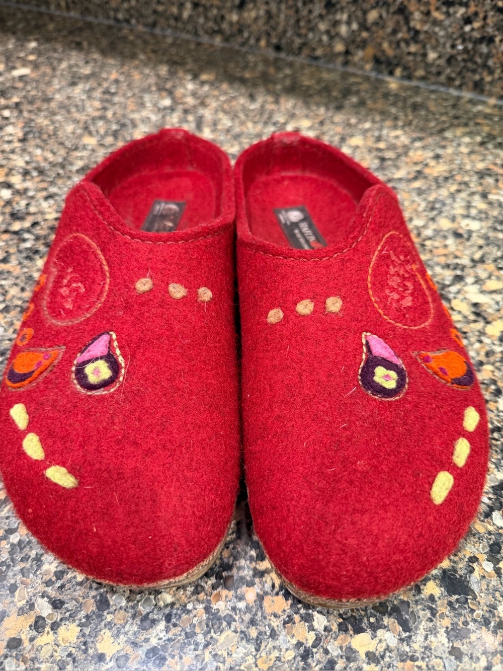 Haflinger 42 Red Felt Slip-On Shoes with Embroidered Accents
